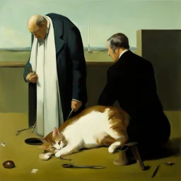 UN conference,a cat and human flesh-like surgical instruments and universe-like a pigeon and neuralink, surrealism,minimalism,Painting By Adrian Ghenie, Rene Magritte, Salvador Dali, Lucian Freud