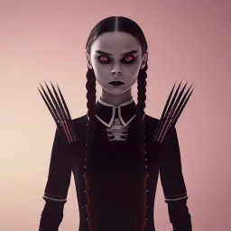 Wednesday Addams, Wednesday with braids standing with her arms crossed, dark, soft goth lip, hyper detail, octane render, unreal engine 5, photorealistic, 8k resulation