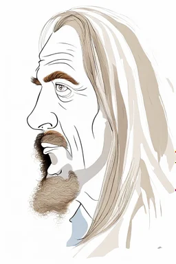 This image depicts a lifelike caricature of a man with long hair. The man is the central figure in the picture, taking up most of the space, with his features and hair color against a white background. The image has an artistic style that leans toward abstraction, making it an interesting piece of art. The man's face is one of the most dominant aspects of this image. His facial features are emphasized, and a lot of character is shown, which is typical of anime drawings. This photo doesn't h