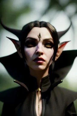 Cursed elf priestess with beautiful face, running makeup, yellow eyes, full black sclera, dark mist around her, black fur robes, pale skin, dark smoke, photorealism, octane render, frostbite, 8k, cinematic, 35mm