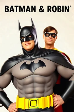 an extremely muscular version of the Adam West Batman and the Burt Ward Robin with the word (("BATMAN & ROBIN")) across the top