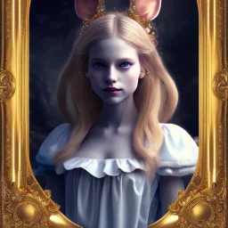 whole portrait of "Alice in the wonderland"in a gold frame rinassence style,Award-winning, detailed eyes, Realistic lighting, cinematic lighting, octane render, 8k ,elegant,smiling, by Chie Yoshii