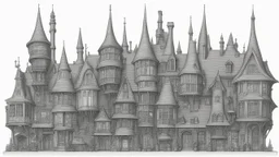 A highly detailed front elevation line drawing of a row of fantasy houses of different heights with tall chimneys, rooms and floors added to sides and roofs, like Harry Potter's Diagon Alley, inspired by Moebius