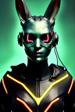 Medium Close Up Portrait, Front image. cyberpunk, rabbit mask, teenager, asian woman, cyber helmet head. Latex dress. Yellow, black, color. Mad max style. LEDs ornaments, Color background, photo studio. Front image, highly detailed, concept art, smooth, unreal engine 5, ray tracing, RTX, lumen lighting, ultra detail, volumetric lighting, 3d, finely drawn, high definition, high resolution.