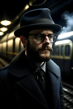 una foto de un hipster de 35 años con lentes color gris humo, un sombrero y una campera de cuero negro, con el fondo fuera de foco de un anden de un tren con luz artificial