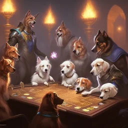 four dogs playing Magic The Gathering