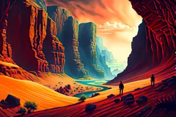 create a surreal illustration the precipice of insanity in the shadowed canyon lands of oblivion