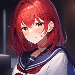 Clear focus, High resolution, medium length hair, cyan hair, red hairs, wearing a sailor uniform, crying