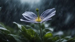 close-up of a fragile flower in a storm. in flower forest at night, perfect composition, hyperrealistic, super detailed, 8k, high quality, trending art, trending on artstation, sharp focus, studio photo, intricate details, highly detailed, chiaroscuro, dramatic