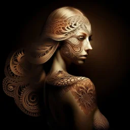 Create an surrealistic abstract image of a female figure with an artistic flare, The figure is front facing from the viewer, looking over her the side left shoulder which reveals her side profile. She has light-toned skin and an elegant, slender body shape. Her flowing hair is visible her head is adorned with an intricate, lace-like mask that resembles a abstract Mandala design, covering her hair entirely in predominantly vibrant shades of pinks, yellows with hints of turquoise and black. The "