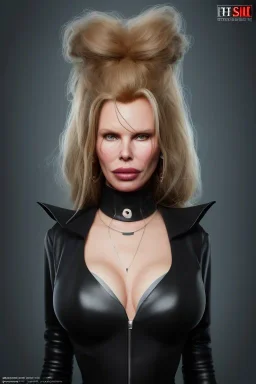 Kim Basinger in black leather gown, evil,energetic, villain, busty, cleavage, curvy, angry, happy, stern look. character design by cory loftis, fenghua zhong, ryohei hase, ismail inceoglu and ruan jia. unreal engine 5, artistic lighting, highly detailed, photorealistic, fantasy