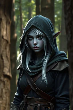 A hyperrealistic picture of a female drow elf druid with a hood over her head and a basic adventurers gear on her. She looks excited but also cautious while she is hiding in the underwood. She has a dark grey skin colour and white hair. She is standing in an opening inside a forrest and is avoiding the sun