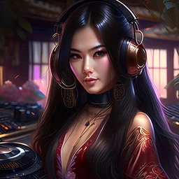 pretty face asia girl, dark long hair, wearing headphone, fantasy long blouse, playing turntables, on stage, sexy body, happy, enjoying, music, party, unreal engine, hyper realistic, detailed art, 8K resolution, cinematic lighting,