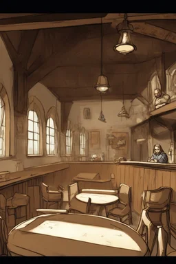 Sketch of the interior of a dnd tavern with people at round tables