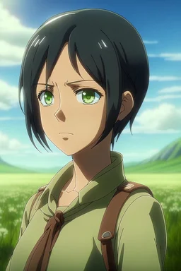 Attack on Titan screencap of a female with short, black hair and big greenish brown eyes. Beautiful background scenery of a flower field behind her. With studio art screencap.