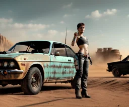 Realistic image. Mad max car. BMW 4 series, 2023 version. One woman standing in front of car. 4k resolution, intricate details, ornate details, soft lighting, vibrant colors, mad max background