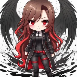 a full-body shot of a woman with long brown hair, red eyes, with a confident, 'bad girl' vibe, wearing black and red leather, ((Chibi anime style)), intricately detailed, splash art background