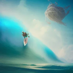 Santa standing of surfboard surfing a big wave, surfboard, beach, character design by cory loftis, fenghua zhong, ryohei hase, ismail inceoglu and ruan jia. unreal engine 5, artistic lighting, highly detailed, photorealistic, fantasy