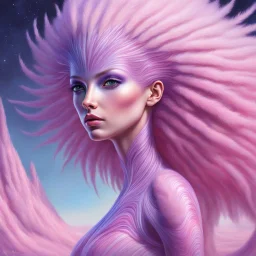 extraterrestrial being, alien, female, bipedal, otherworldly, pastel pink fur, large lavender eyes, highly detailed, Greg Rutkowski,