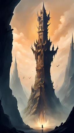 fantasy concept art, very slim tower, insanely high, higher than everything else, dungeon tower, mythical