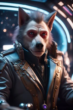 really macho pimp Christopher Walken orc wolf captain chat hog that go hard sitting in space station cockpit , in front of space portal dimensional glittering device, bokeh like f/0.8, tilt-shift lens 8k, high detail, smooth render, down-light, unreal engine, prize winning