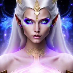 cosmic mage, elf, female, battle mage, epic, cosmic magic, long ears, white hair, face details, pale skin, jewellery, broad shoulders, glowing eyes, sharp ears, cosmic clothes, bright eyes, cosmic eyes, ears shown, light out of eyes