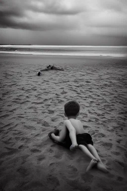 young boy on beach with a man laying down behind him, dark storm clouds overhead, gloomy, bleak, shopping trolley on side, dusk. the road cormac mccarthy