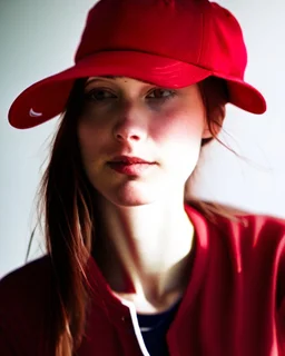 woman with a red baseball hat.