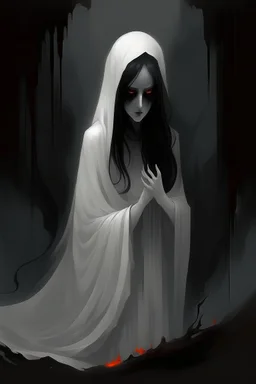 In a place filled with fog, there is an entity wearing long white clothes and wearing a white veil that hides its face, standing behind the ghost of a female with black hair that reaches her jaw, black eyes, and red lips, and wearing a black dress, and she is crying.