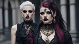 goth fashion, women and men in nice goth clothes and jewelry, black, silver, gold, burgundy fashion colors, High detailed, sharp focus, looking at the camera, cinematic, masterpiece, high realistic, fashion photo