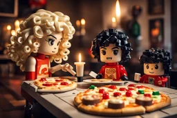 blonde lego girl and curly black haired lego boy eating lego pizza in an italian restaurant in candlelight