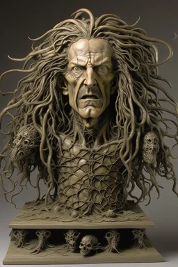 sculpture of handsome man with long curly hair and a spider , front view . decayed and rotting with grotesque proportions and imagery. abstract grotesqueries, detailed texture, surreal horror, biomechanical design, by hr giger and beksinski