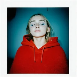 Lily rosedepp,avec un long pull a capuche en angora rouge jusquaux, polaroid, elle a les yeux fermés et les joues bleues, , des grains de beauté, autochrome