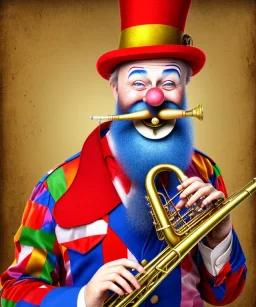 happy old friendly clown with round head and trimmed beard playing jazz with a steampunk theme, trumpet on mouth, circus, realistic