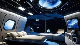 A floating room in space, with furniture defying gravity and windows showing distant galaxies.
