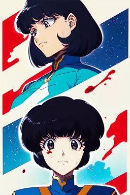 90s old school anime illustration, sci fi, portrait of a tough female space Captain girl, beautiful symmetrical face, Androgynous, pixie style haircut, sparkling or glittering black hair, pixie cut, blood splattered on her scared, rattled and shook face, space uniform is tattered and ripped with dripping blood, as if she just escaped torture, depraved art, junji ito style, pulp science fiction aesthetic, rotoscoping, violent background and undertone, space battle, feminist art, japanese horror