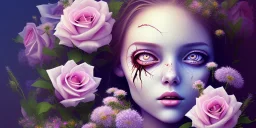 dead girl buried in flowers, beautiful, magical