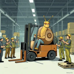 A giant snail in a factory driving around in a forklift, and are in the way for every worker, other angry workers stands around the snail and yell at him, pointing and give him the long finger