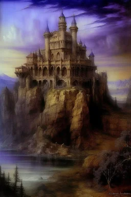 A violet castle of mystery painted by Leonardo da Vinci