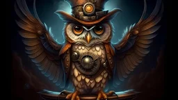 A steampunk owl , in a hat and boots, fantasy, dreamlike, surrealism, super cute, wings spread open