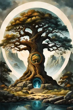 museum quality oil with watercolor underpainting of Yggdrasil, the world tree within a circle of ancient Druidic standing stones , in the style of Karl Bodmer, and Winslow Homer, rendered as an aquatint, with a fine art aesthetic, highly detailed , 8k UHD cinegraphic realism, dramatic natural lighting