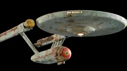 a screen capture from a star trek movie of a battle-damaged starship enterprise IN the year 2380 IS IN A BATTLE with monster ufos sci-fi meticulous, highly-polished, photorealistic, studio production, intricately detailed, GALACTIC, directed by gene Roddenberry, move saucer section forward and nacelles back