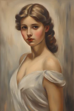 oil painting Vladimír Stříbrný, portrait of a naked charming young girl standing hairstyle like from the 20s