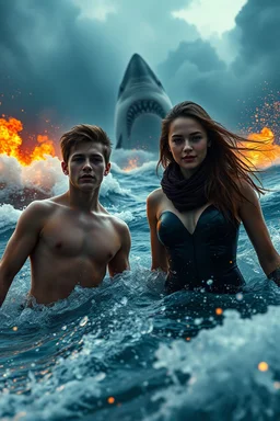 18-year-old Scott Kendall and 15-year-old Judi Ott emerging from a tumultuous sea amidst a stormy backdrop, with a great white shark looming in the background, a conflagration of fire and explosive effects, ambient lighting, professional composition, infused with a mix of elegance and futuristic aesthetics, ultra-realistic, mystical undertones, sharp focus capturing every water droplet and flame, rational placement of subjects within a cinematic frame, epic atmosphere,