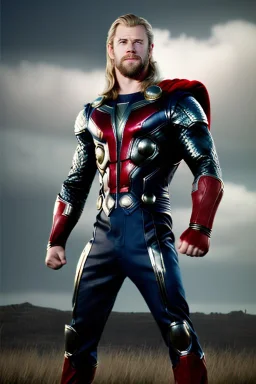 retro portrait image from 1960, sky background, wind, long blonde hair, fighting stance, young Chris Hemsworth, black dress, classic long tight lycra black suit, red cape, gold bracelet and belt, high boots, superhero style, thor classic comic, soft color, highly detailed, unreal engine 5, ray tracing, RTX, lumen lighting, ultra detail, volumetric lighting, 3d, finely drawn, high definition, high resolution.