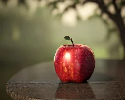 Red apple on the table with a drop of dew, detailed,ultra graphics,