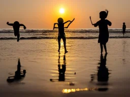 children jumping in water on the Indian beach capture them against the sun and make an art silhouette, hyper details, real sharp, 8k, well detailed, well shaped