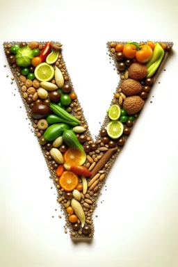 Draw a separate letter "V" so that it is visible on the entire surface and no part of it is beyond the edge. Fill this letter "V" with various products of dried fruits, nuts, seeds, exotic spices, coffee, legumes and pasta. Create the letter "V" so that the mentioned products are as if sprinkled in the letter.