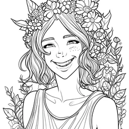 outline art for square smile woman portrait flowers crown coloring page for kids, classic manga style, anime style, realistic modern cartoon style, white background, sketch style, only use outline, clean line art, no shadows, clear and well outlined