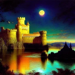 Drawing of 'Medieval Romanian Castle',mountain,lake,full moon, by gaston bussiere, greg rutkowski, yoji shinkawa, yoshitaka amano, tsutomu nihei, donato giancola, tim hildebrandt, oil on canvas, cinematic composition, extreme detail,fit full head inside picture,16k